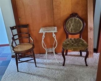 Antique plant stand and chairs 