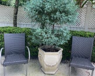 Set of six patio dining chairs and one of several planters in sale