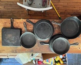 Rare Griswold square cast iron skillet and  5 round skillets some with numbers but no names