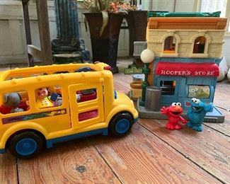 Fisher Price school bus with 3 characters and Sesame Street, Hooper's Store with 2 characters