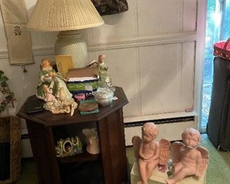 Solid wood octagon side table, Angels and wooden chest and also Angels on table, vintage lamp.