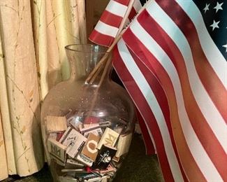 Large collectable glass jar full of vintage matches, flags
