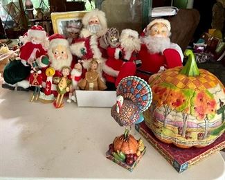 Vintage!
Santa's! Vintage Santa plush music box, Effenbee Mrs. Santa Claus & Mr . Santa Clause, Gorham Santa, Santa SANKO music box 
~Jim Shore Heartwood Creek  "Count Your Blessings" pumpkin, Jim Shore "Tom A 'Plenty" Turkey 