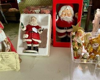 Duncan Royal Saint Nicholas, Duncan Royal soda pop Santa, Rich’s 1988, mr. Christmas ornaments 1970s,  AnnaLee Angel, and other vintage ornaments.