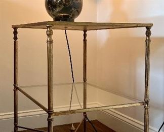 Pair, Uttermost Brass and Glass Side Tables with Lower Tier and Mirrored Top 