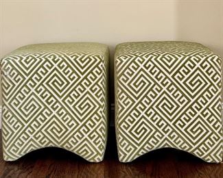 Verdant Green and Ivory Geometric Patterned Ottomans - 17"l x 17"w x 17"h