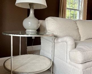 Monarch by Century Two Tiered Chrome and Glass Table w/ Faux Ostrich Accent - 26" x 24"