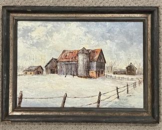 Oil on Board Barn Painting with Silo, signed - 21.25" x 16" 