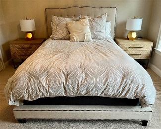 Ivory Queen Bed, Upholstered with Nailhead Trim