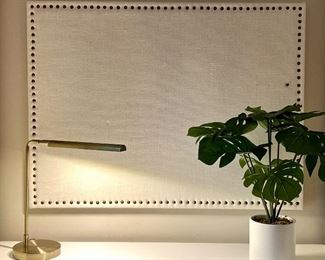 Bulletin Board with Nailhead Trim, Contemporary Desk Lamp and Faux Plant in White Pot