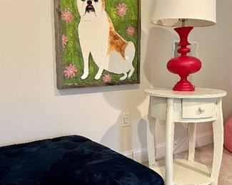 Ballard Design "Dog" - 25.5"l x 2.5"w x 29.75"h                                                                             (2) Hot Pink Table Lamps - 26"                                                                  (2) Pottery Barns Kids Side Table with Drawer - 19" x 25.75"