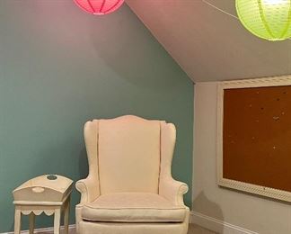Upholstered Wing Chair, Paper Lanterns & Side Table