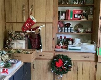 Christmas dishes - 10 place settings + a few extra pieces.  Also pictured two sets of Christmas glasses, chip & dips bowl and other misc Christmas items