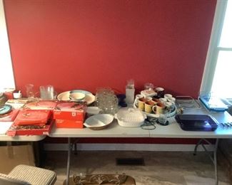 Several Mikasa Christmas trays, Pyrex and Corning,  Root beer mugs