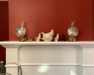 Shawnee Chanticleer Rooster with matching salt and pepper shakers, circa 1940's, cast iron pot bellied stove approx 5" tall, kerosene lamps with reflectors can be hung on wall 