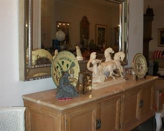 Lexington Furniture Marble top Sideboard ; Large Silver Framed Wall Mirror ;