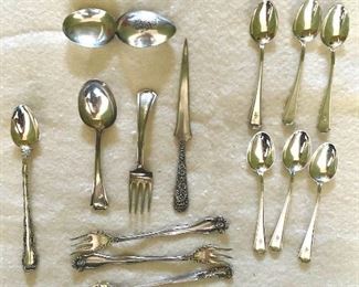 Sterling Silver spoons, cocktail forks, baby set, letter opener