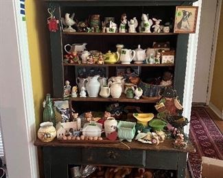 Primitive cupboard Available!   Vintage ironstone, salt and pepper, dough bowls, rolling pins, roosters, vintage molds, occupied japan, etc 