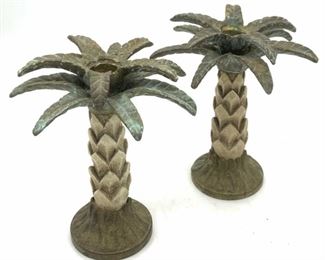 Pair Vintage Brass Palm Tree Candle Holders