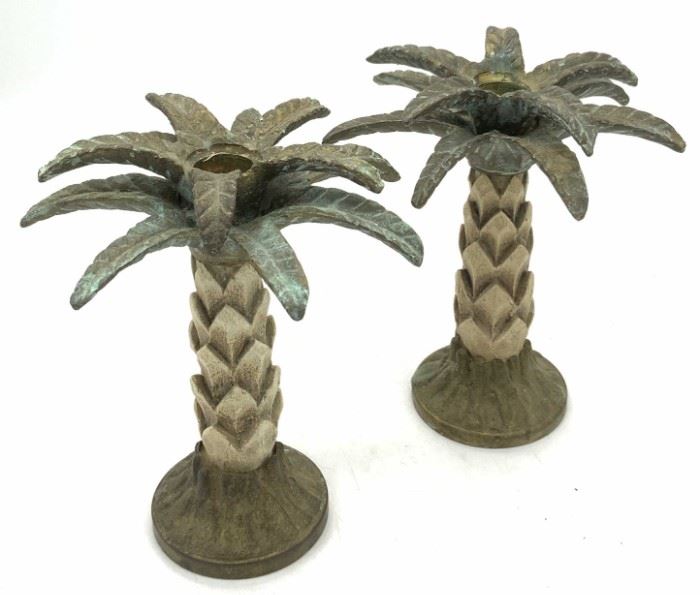 Pair Vintage Brass Palm Tree Candle Holders
