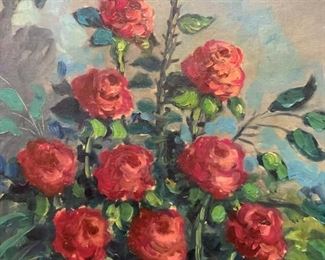 Signed Rose Bush Oil Painting
