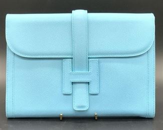 HERMÉS Style Aqua Blue Pebble Leather Clutch, IT