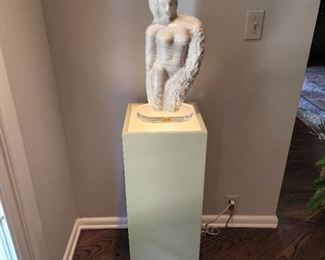 Square pedestal is 30" high x 12" square; sculpture is 19" high