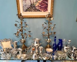 Lots of Sterling including: Francis I , Flatware, Repousse Bowl, Plates, Bowls, Candlesticks, Footed Bowls, Vases, Serving Pieces, Caviar Roll Top Servers, Decanters, Frames
