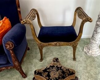 Antique French Bench and Ottoman with Velvet Upholstery