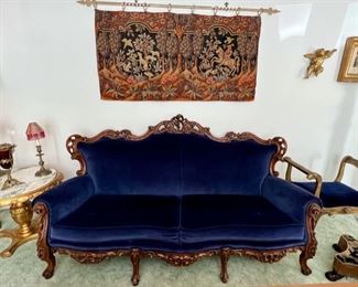 Antique Carved Mahogany Velvet Upholstered Sofa
