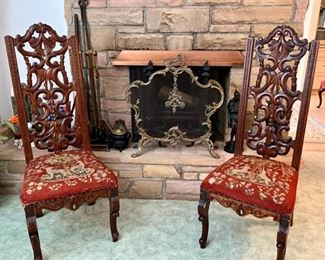 Pair of Carved Mahogany Chairs with Needlepoint Upholstered Seats
