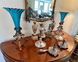 Pair of Bronze and Blue Glass Fluted Vases Attributed to Baccarat, Hand Painted Porcelain Urns, Sterling Candlesticks, 800 Silver Candlesticks