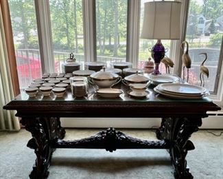 Antique Carved Mahogany Figural Table with Gadrooned Edges