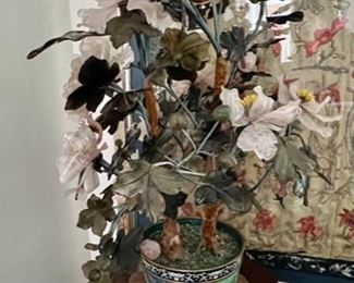 Jade and Semi-Precious Stone Jade Tree in Cloisonné Jardiniere