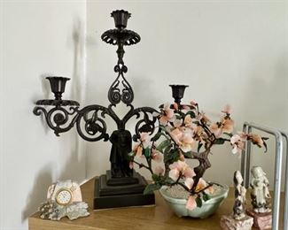 Jade and Semi-Precious Bonsai Tree, Candelabrum, Clock, Jade Sculpture