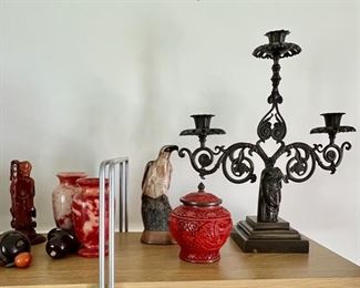 Cinnabar Covered jar, Candelbrum, Carved Stone Vases and Sculptures