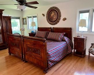 Carved Walnut Bedroom Set including: Pair of Twin Beds, Mirrored Wardrobe, Dresser with Mirror, Pair of Nightstands