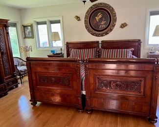 Pair of Carved Walnut Twin Beds