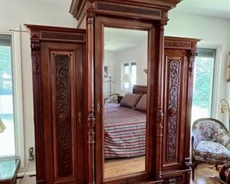 Carved Walnut Mirrored Wardrobe