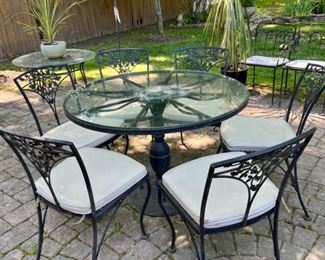 Mid-Century Cast Iron and Glass Round Dining Table with Set of 6 Cast Iron Chairs