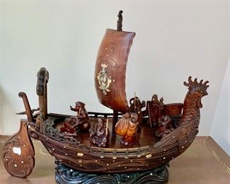 Chinese Carved Rosewood and Mother of Pearl Accents Ship with 7 Immortals