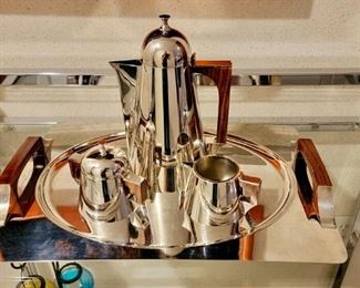 Danish Modern Chrome and Teak Coffee/Tea Set with Tray