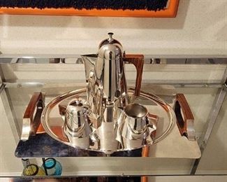 Italian Modern Chrome and Teak Coffee/Tea Set with Tray