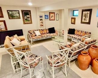 Mid-Century Painted Cast Iron Garden Furniture including: 3 Sofas, Pair of Club Chairs, Pair of Accent Chairs, Cocktail Table, 4 Accents Tables