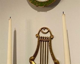 Vintage brass lyre candelabra