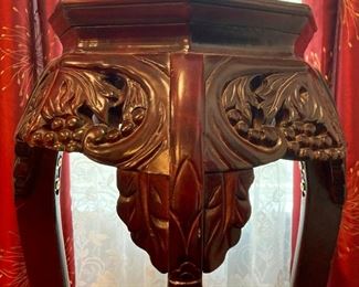 Marble top carved wood pedestal stand