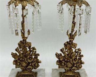 Vintage brass and floral candleholders with prisms 