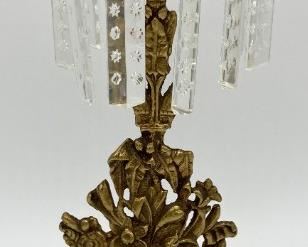 Vintage brass and floral candleholders with prisms 