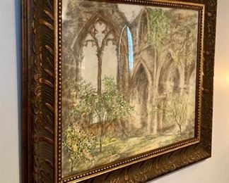 Signed "Ruines de Beauport" framed chalk art