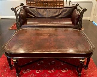 Metal frame sofa with leather cushions and vintage Art Deco wood inlay coffee table